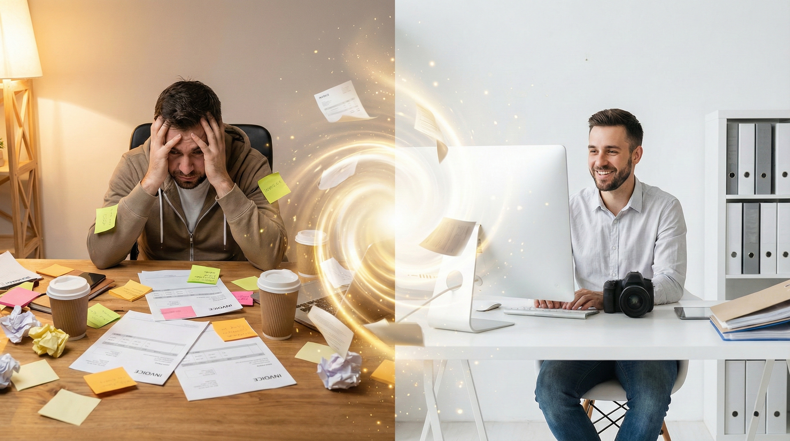 Stressed photographer with paperwork transforms into relaxed photographer with automated workflow